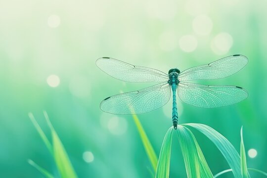 Teal dragonfly perched on green grass, soft background.