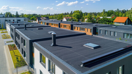 New row houses with flat roofs of epdm, Camera view obliquely from above, sunny summer day.