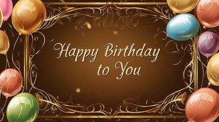 Happy Birthday card design with a golden frame and balloons on a brown background, vector illustration