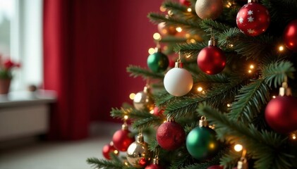 A red and white Christmas tree decorated with ornaments and lights, festive decor, red white trees decorations lights, cozy atmosphere