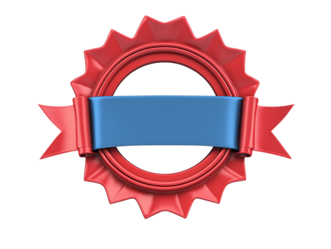 Red Award Seal Badge with Blue Ribbon, Blank Template for Certification or Achievement, Isolated on Transparent Background, Ai Generated Images - Powered by Adobe
