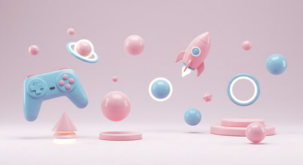 Colorful 3D shapes, Vibrant neon planets, Game controller, Rocket ship, Geometric objects, Gradient spheres, Abstract space scene, Playful sci-fi elements,