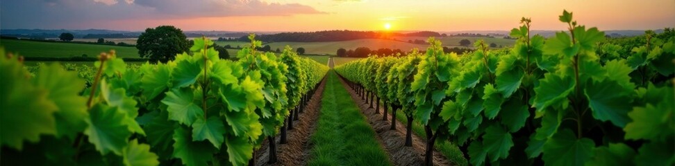 Naklejka premium Green vineyard with rows of grapevines at dusk, green vineyard, dusk