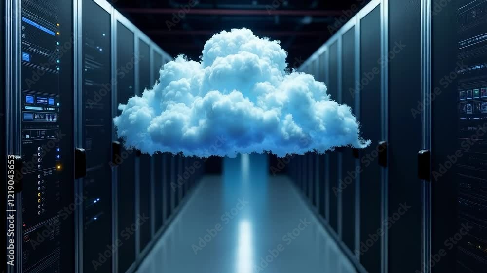 Poster conceptual illustration of a digital cloud computing environment with a cloud above data storage ser