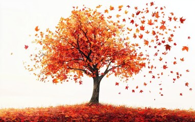 A colorful autumn maple tree with leaves falling gently to the ground