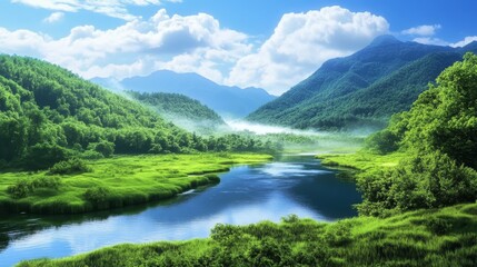 Stunning wetland landscape  flowing water, lush green marshes, and a vivid horizon at dusk