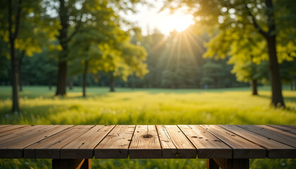 Naklejka premium Rustic wooden table outdoors bathed in sunlight, perfect for product display