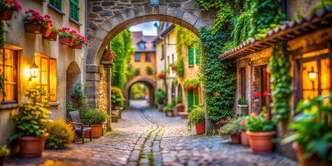 Obraz premium Miniature City Entrance: Charming Town Gateway, Tilt-Shift Photography