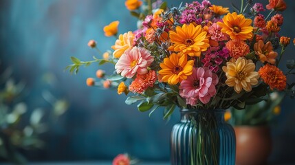 Vibrant Autumnal Bouquet in Teal Vase