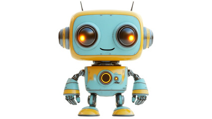 Cute Retro Robot: A charming, cartoon-style robot with bright orange eyes, a yellow and blue body, and a friendly, welcoming smile. The robot's design evokes a sense of nostalgia.