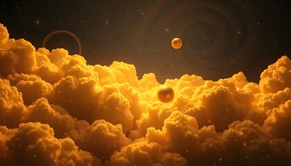 A celestial-inspired scene with golden, swirling clouds over a deep indigo background. Tiny glowing particles resemble stars, while larger, metallic orbs hover as planetary bodies