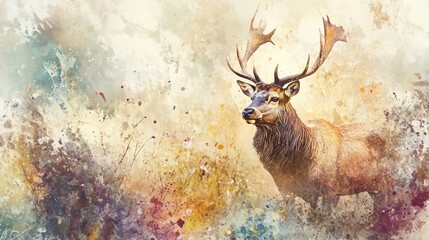 A majestic stag stands proudly amidst an artistic splash of colors, symbolizing the beauty of wildlife and nature