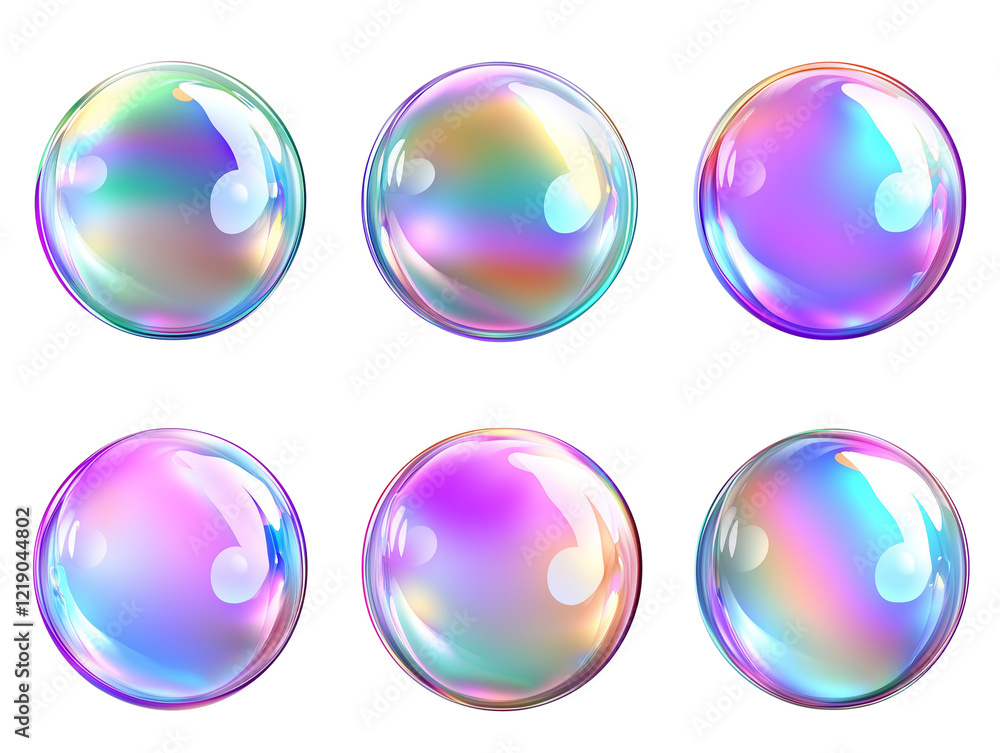 Poster iridescent soap bubbles with colorful shiny sphere reflection, abstract texture and rainbow glare, g