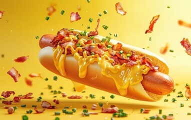 A crispy hot dog mid-air with a rich cheese sauce splash, surrounded by floating bacon and chives, on a pastel yellow background