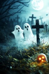 Ghostly figures haunt old graveyard at night spooky halloween scene eerie atmosphere mystical setting