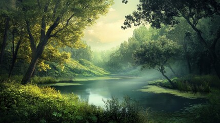 Serene wetland landscape  tranquil waters flowing through vibrant greenery under a peaceful sky