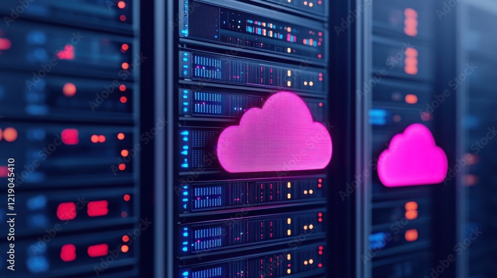 Poster a vibrant close-up of server racks featuring cloud icons, symbolizing modern data storage and cloud 