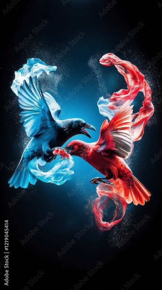 Poster dynamic clash of colorful birds artistic display abstract photography dark background close up contr