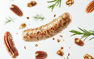 A crispy turkey sausage flying through a sweet maple syrup glaze wave, surrounded by floating pecans and rosemary, on a bright white backdrop