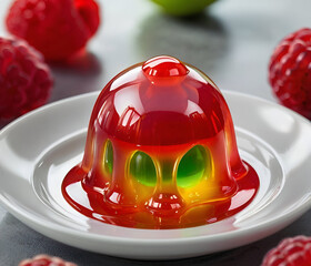 A 3D blob that looks like a wobbly fruit jelly, with a translucent, shiny surface and vibrant color like cherry red or lime green. The blob is set on a plate with a spoon nearby, surrounded by dessert