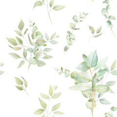 Watercolor Easter seamless backdrop with cute bunny, colorful eggs, and light greenery branches