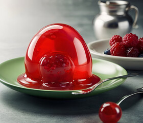A 3D blob that looks like a wobbly fruit jelly, with a translucent, shiny surface and vibrant color like cherry red or lime green. The blob is set on a plate with a spoon nearby, surrounded by dessert