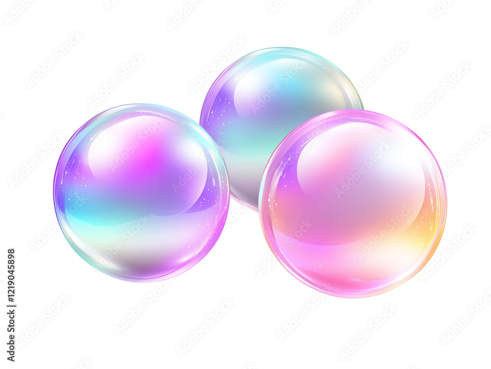 Poster iridescent bubbles and colorful spheres in abstract background with shiny pastel light glow, fantasy