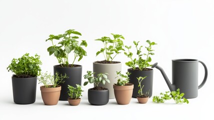 A collection of gardening pots, soil, and a watering can on a white isolated background