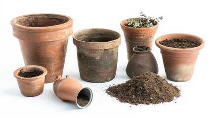A collection of gardening pots, soil, and a watering can on a white isolated background