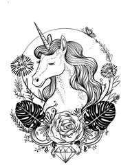 Unicorn and house plant tattoo design oen and ink