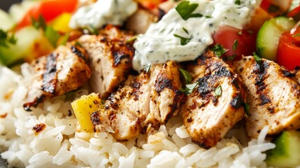 Close-up of rice with tangy Greek chicken gyro. Featuring grilled chicken with Greek spices, tzatziki sauce, and vegetables, served over rice. Emphasizing a fresh, tangy dish. Ideal for Greek recipes.