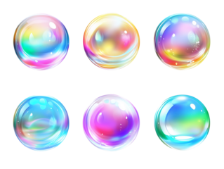 Iridescent Soap Bubbles with Rainbow Colors, Shiny Spheres with Reflections, Digital Art Design Elements for Game Assets, Isolated on Transparent Background, Ai Generated Images