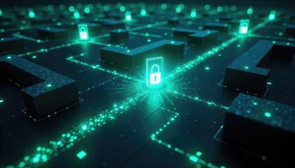 Obraz premium Innovative Cybersecurity Network Visualization with Futuristic Encryption Lock and Digital Grid Technology