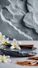 Fototapeta premium Refreshing Spa Commercial Banner with Cinnamon Roll Grey Marble and Vanilla Flower for a Rejuvenating Wellness Display Beauty Poster Mockup