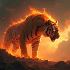 An illustration of a giant tiger with lava-colored fur surrounded by fantasy realism style flames and smoke in the sky, against a fiery landscape