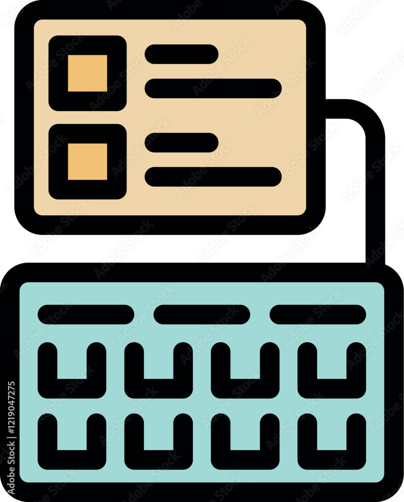 Poster keyboard connected to a monitor displaying information and checkboxes, representing data entry and u