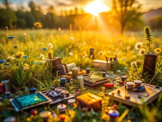 Obraz premium Miniature Electronic Landscape: Discarded Microchips & Radio Parts in a Natural Setting