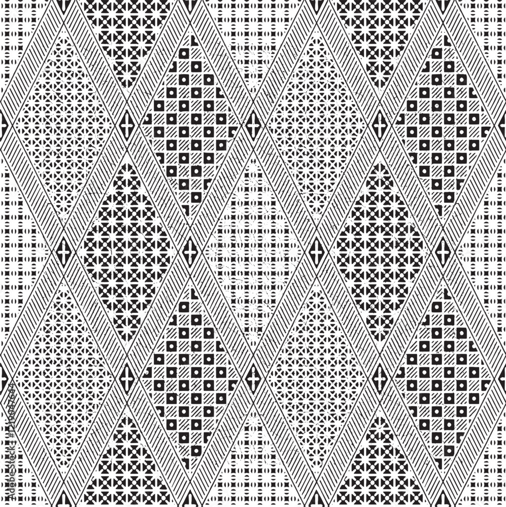 Poster black and white tileable pattern. grunge worn damask pattern design. distressed fabric texture. over
