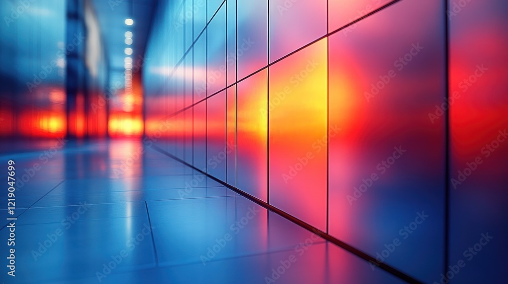 Poster sunset reflected in modern architecture