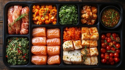 Assorted seafood and meat meal prep tray.