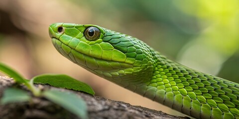 Obraz premium Miniature Green Snake Close-Up: Vibrant Emerald Scales & Intricate Details in Tilt-Shift Photography