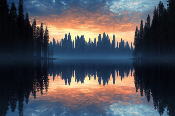 Obraz premium City skyline reflects in calm lake surrounded by trees during sunset with vibrant clouds and soft glow
