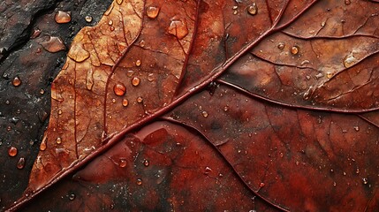 Fototapeta premium dew drops on vibrant autumn leaf macro texture