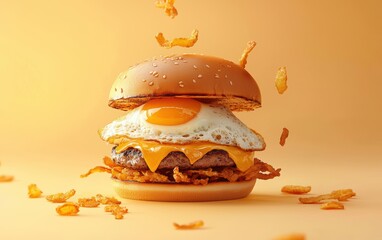 A breakfast burger with floating fried eggs, crispy hash browns, and melted cheese, on a gradient light yellow-to-orange background