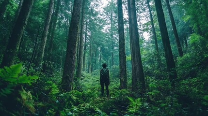A Person Standing in the Heart of a Dense Jungle. A Silent Connection with the Wild, Surrounded by Lush Greenery and the Sounds of Nature