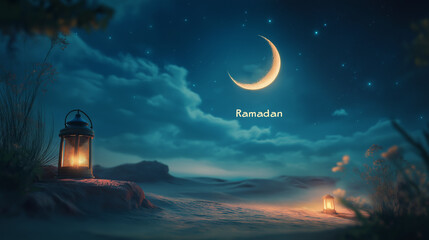 The word "Ramadan" glows softly in the center of a serene image featuring a crescent moon above a calm desert landscape, with a subtle lantern light casting a warm glow in the foreground, 