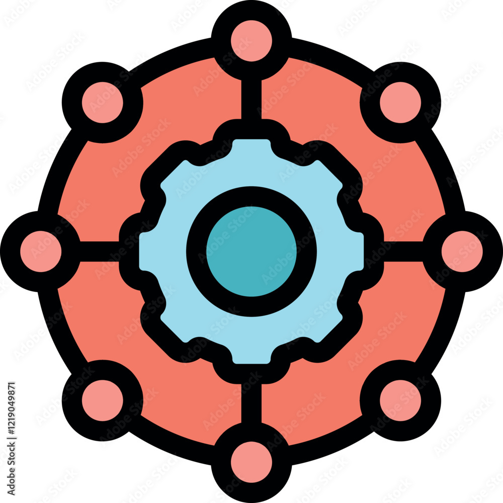 Poster decentralized network with central gear managing connections, symbolizing distributed systems and ef