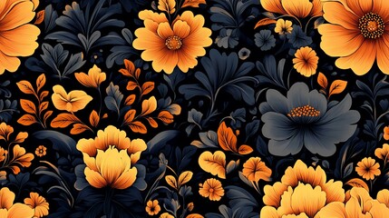 Fototapeta premium Dark floral pattern, autumnal hues, seamless repeat design, textile print
