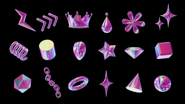 3D Abstract vibrant iridescent holographic Motion Graphics Pack. collection of 3D shapes Objects moving. isolated alpha channel. Digital Art. Computer animation. Modern background. Loopable. LED.4K