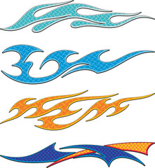 Vector colorful textured flames for vehicle vinyl decals and wraps. Ready-to-cut graphics for racing cars, off-road and sport vehicles, hot rod automobiles, ATVs, trucks, motors, bikes, T-shirts.